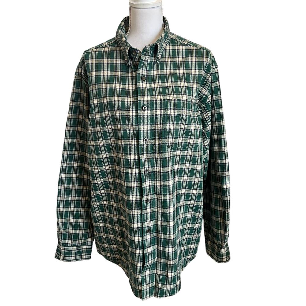 L.L. Bean Shirt Mens Size Large Green Navy Plaid Flannel 100% Cotton Traditional
